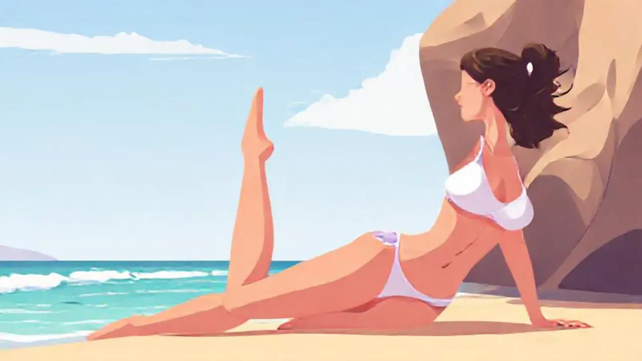 Mujer estirándose en la playa