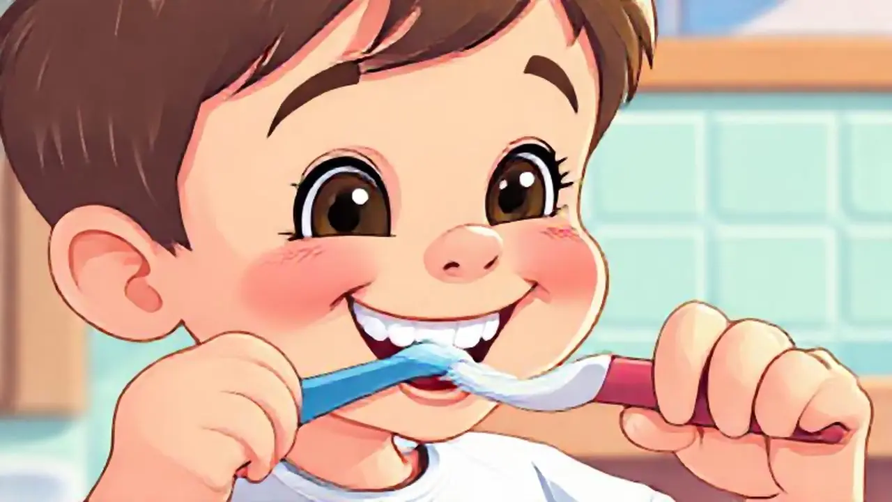 Niño sonriente cepillando dientes