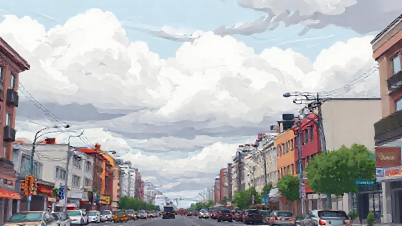 Nubes grises sobre una calle concurrida