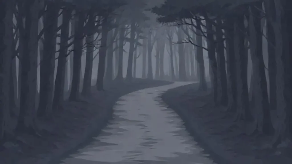 Un sendero gris serpentea por el bosque oscuro