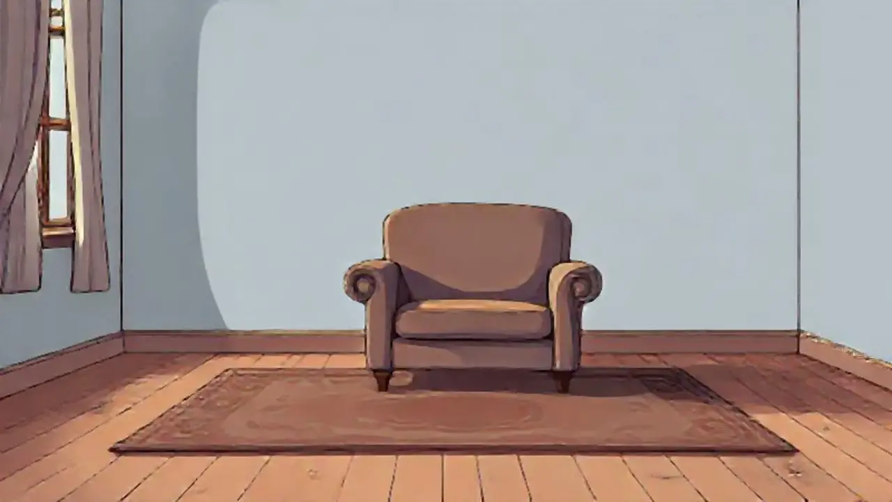 Silla vacía, alfombra descolorida