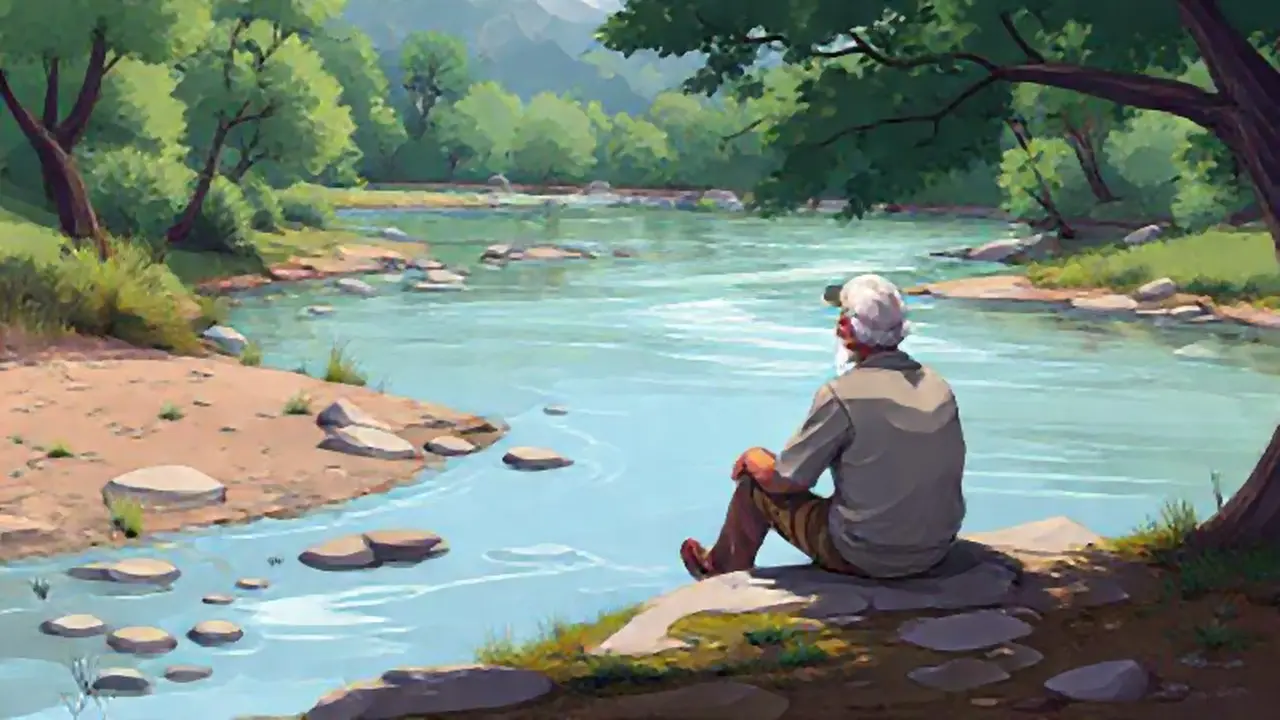 Un anciano se sienta junto al río