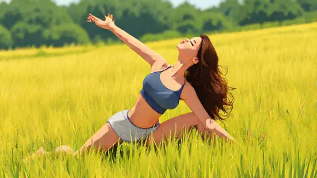 Mujer estirándose en el campo