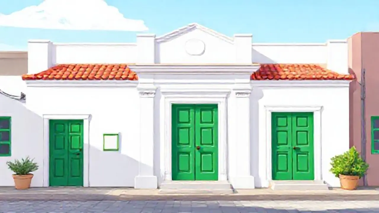 Edificio blanco con puertas verdes