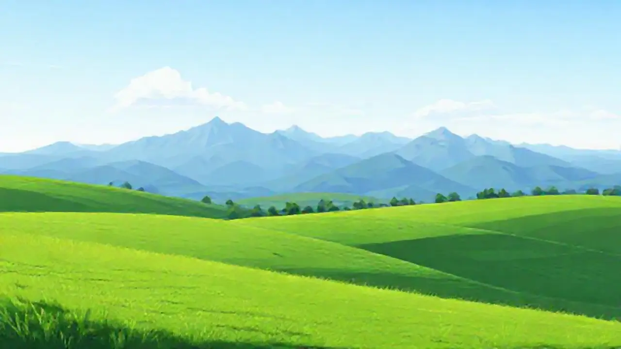 Prados verdes, montañas lejanas
