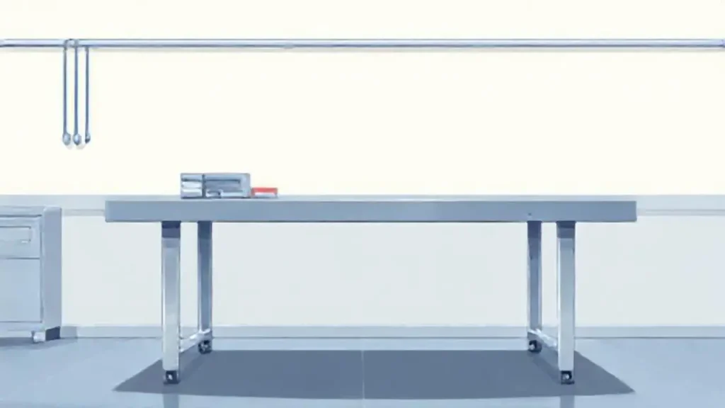 Un bata blanca sobre una mesa de acero