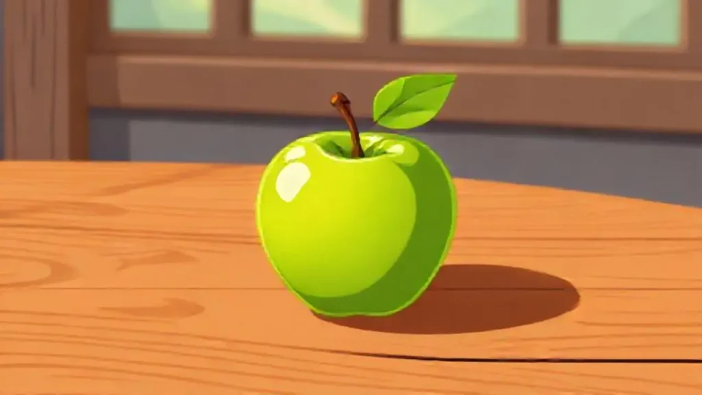 Manzana verde sobre mesa de madera