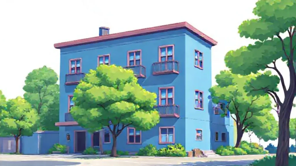 Edificio azul con árboles verdes