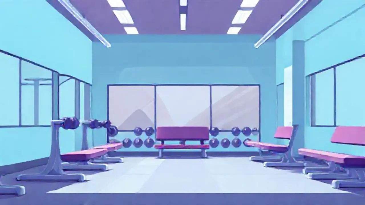 Gimnasio con bancos vacíos y luminosos