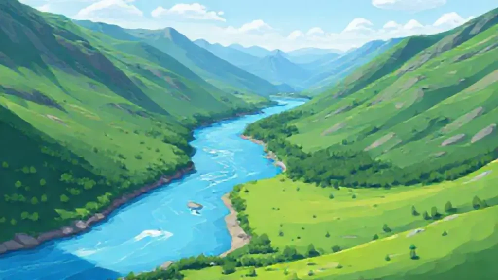 Río azul en valle verde