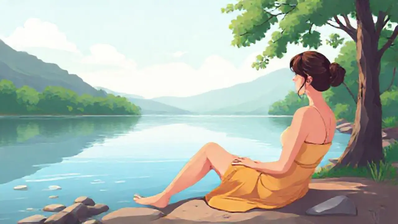 Mujer junto al río tranquilo