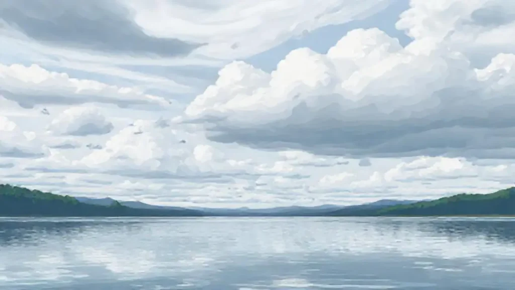 Nubes grises sobre un lago tranquilo