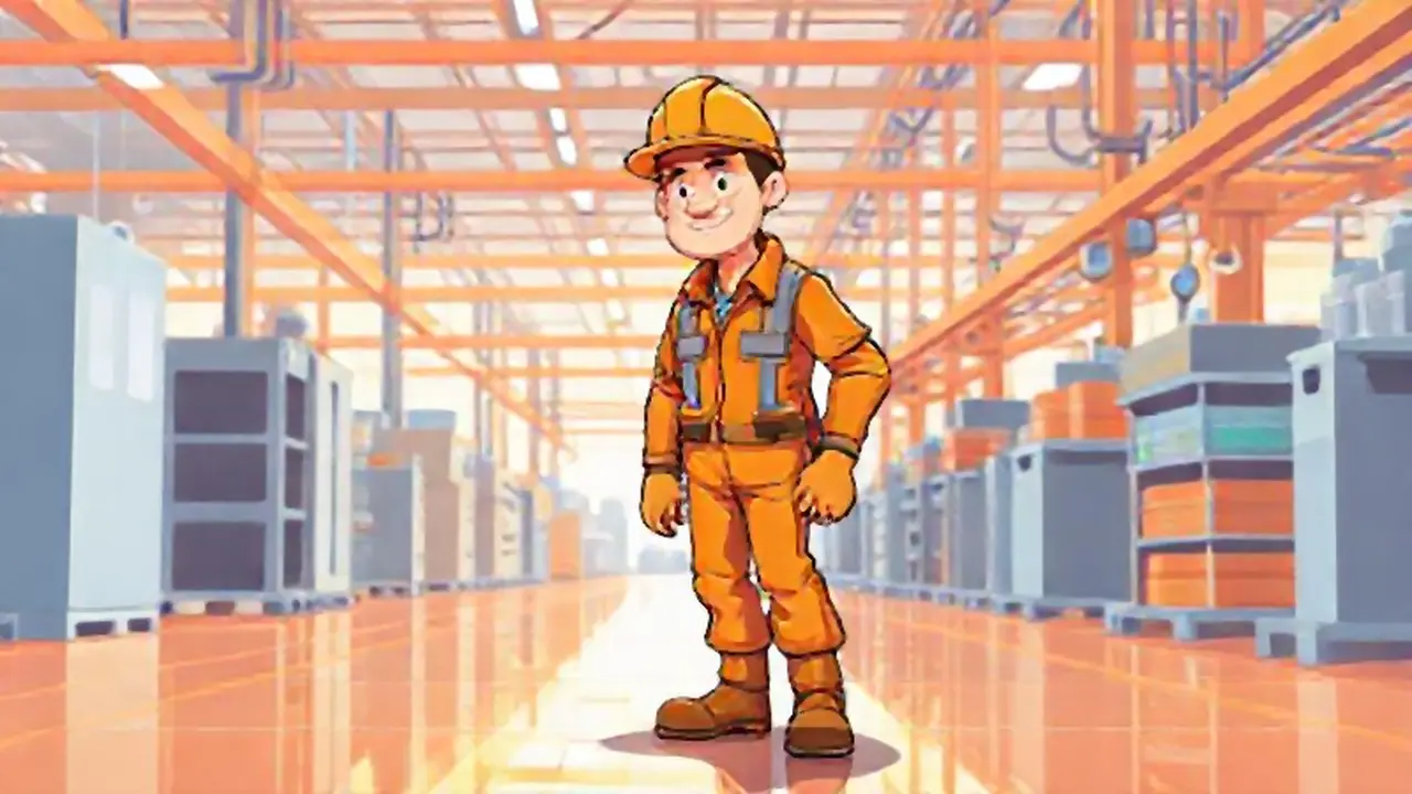 Trabajador en bata naranja en fábrica