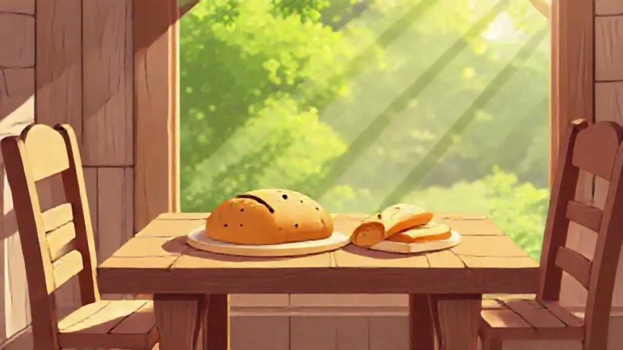 Sol sobre una mesa de madera y pan