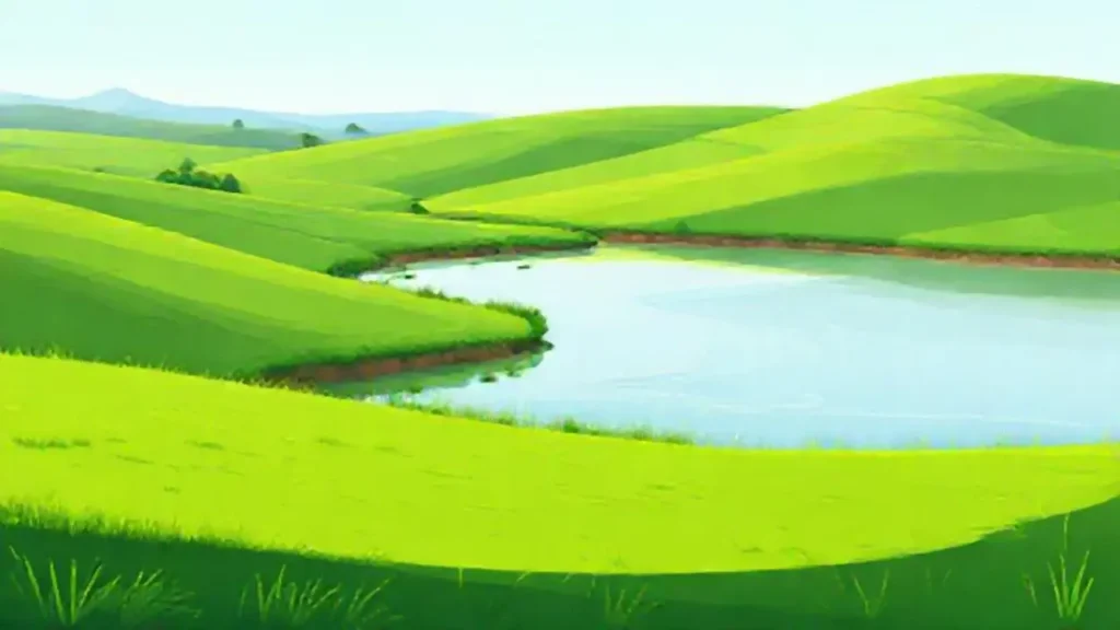 Campos verdes y agua tranquila