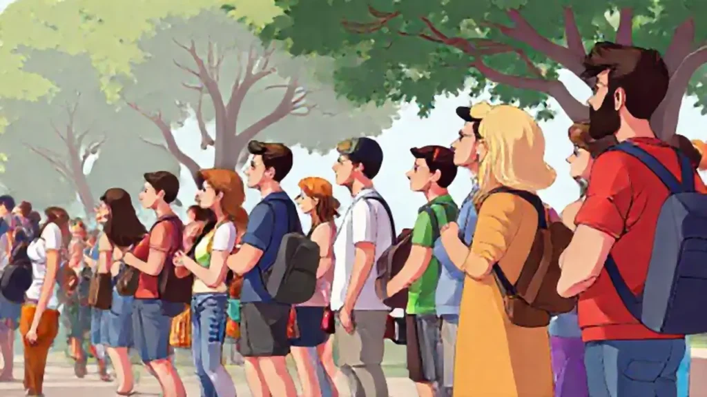 Personas diversas esperan al aire libre