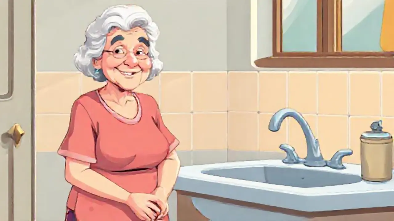 Mujer mayor sonriente junto al lavabo