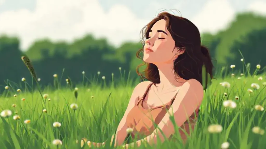 Mujer relajada en prado verde