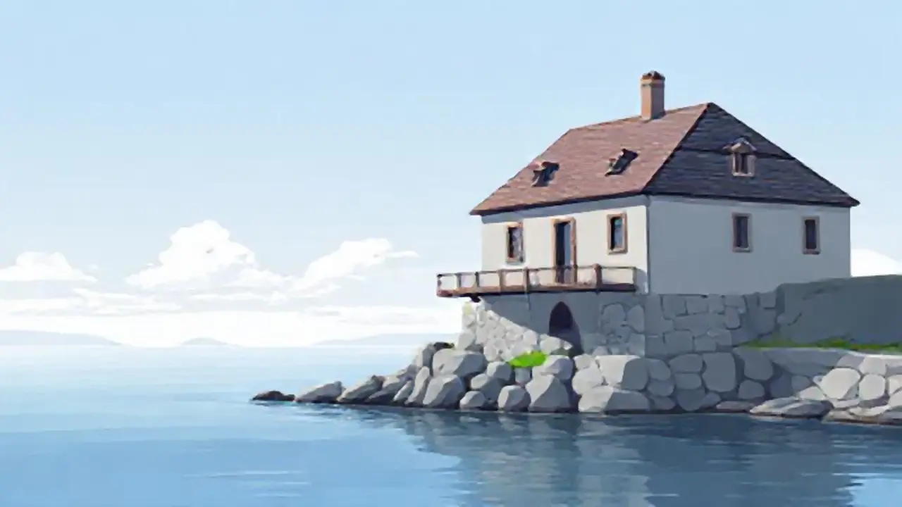 Edificio gris al borde del agua tranquila