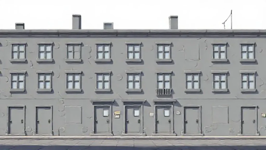 Edificio gris con múltiples puertas