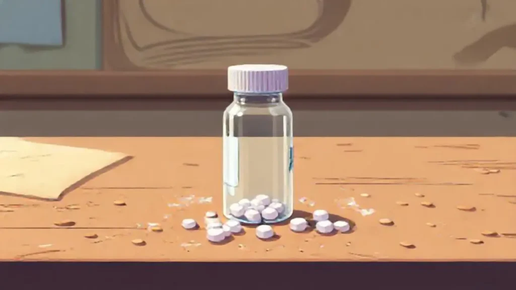 Botella vacía sobre mesa polvorienta