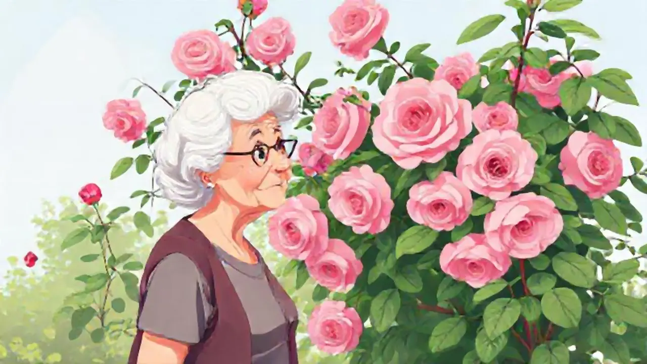 Mujer mayor junto a una rosa
