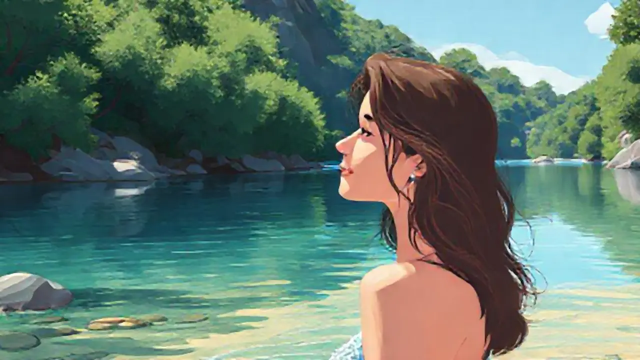Mujer junto al río azul