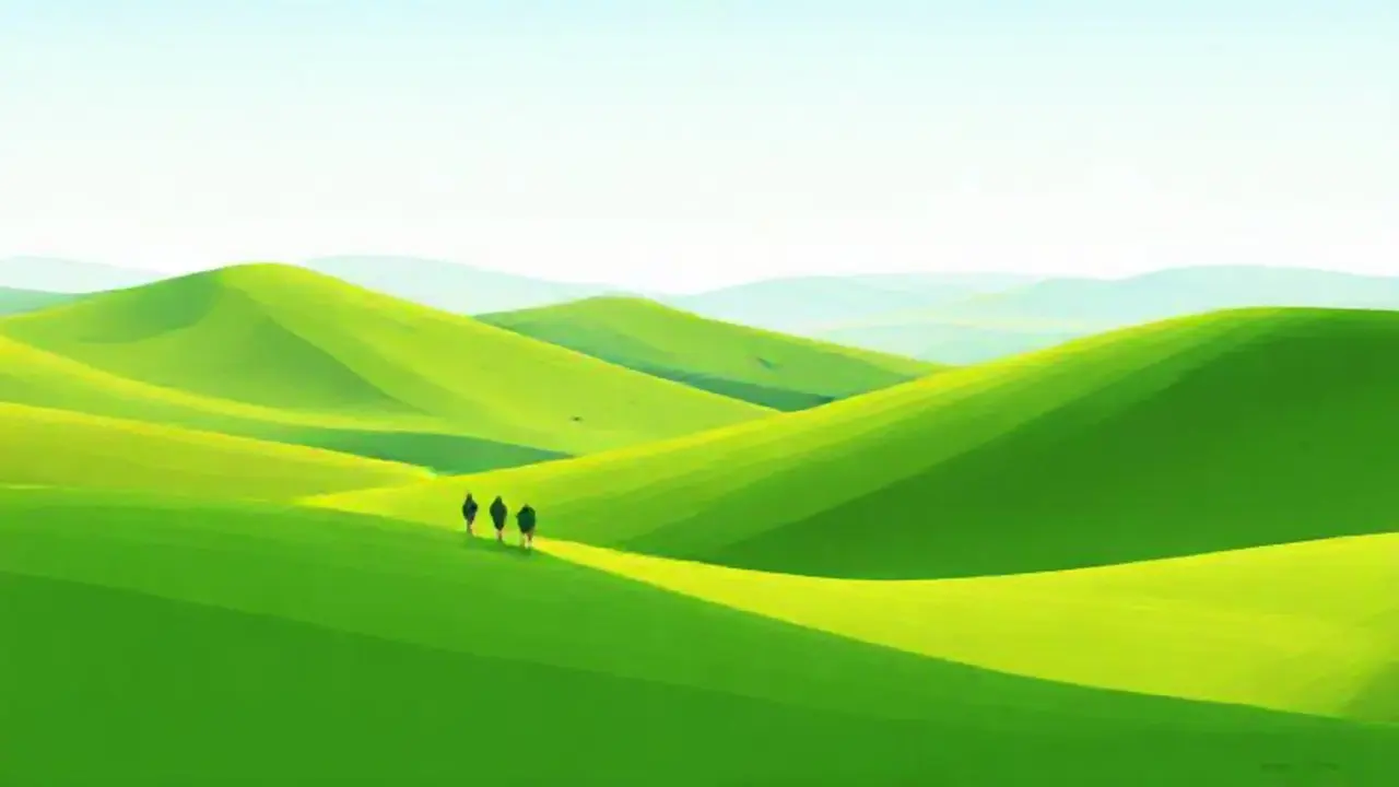 Colinas verdes, figuras lejanas