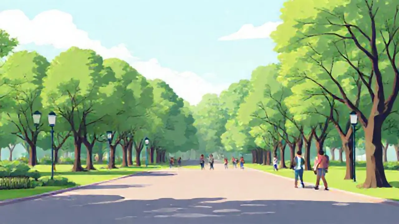Parque verde, gente caminando