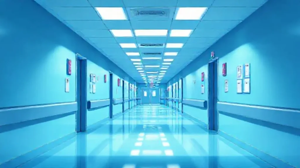 Pasillo azul brillante en el hospital