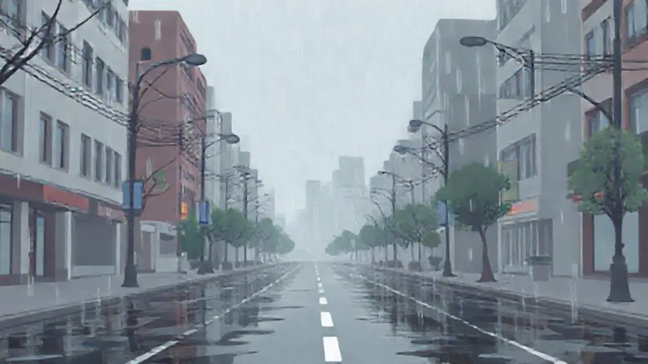 Lluvia gris sobre una calle vacía
