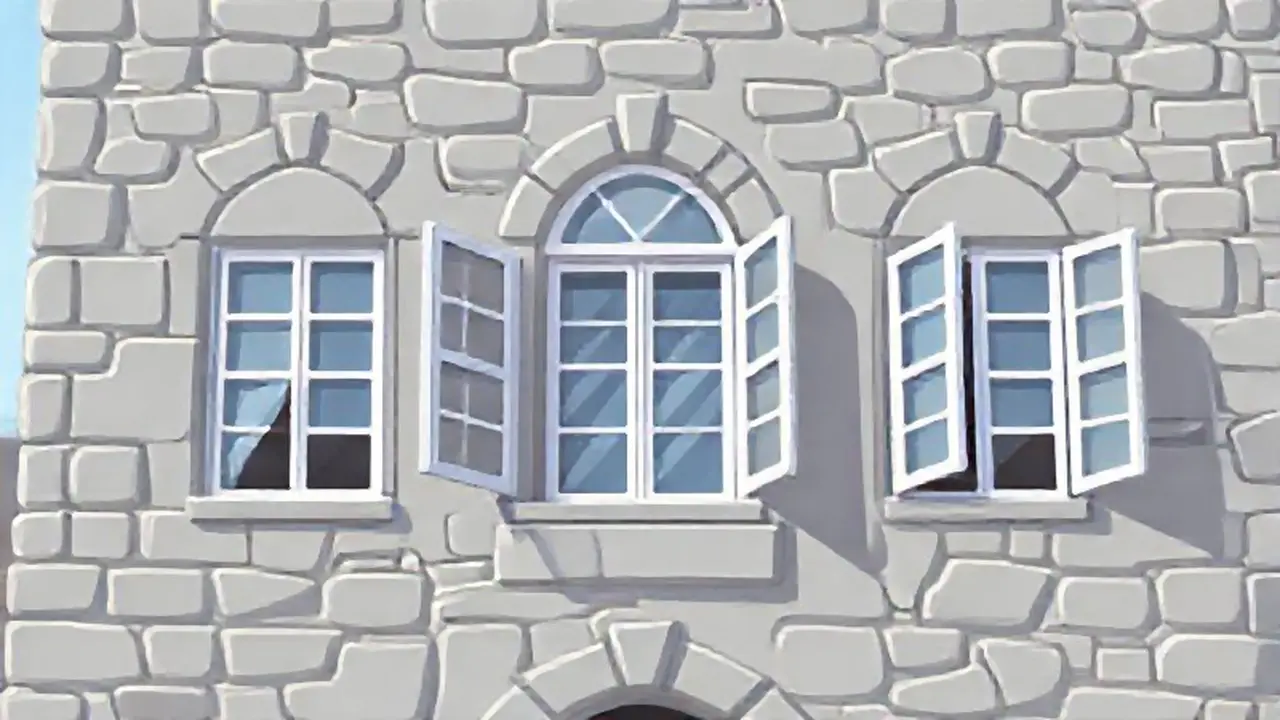 Edificio de piedra gris con ventanas abiertas