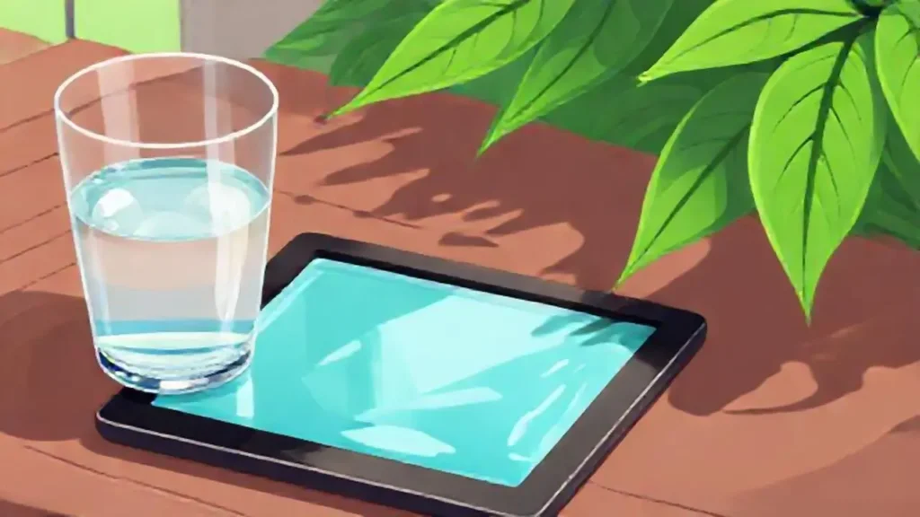 Tableta verde junto al agua