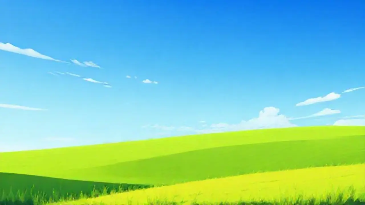 Cielo azul sobre campo verde