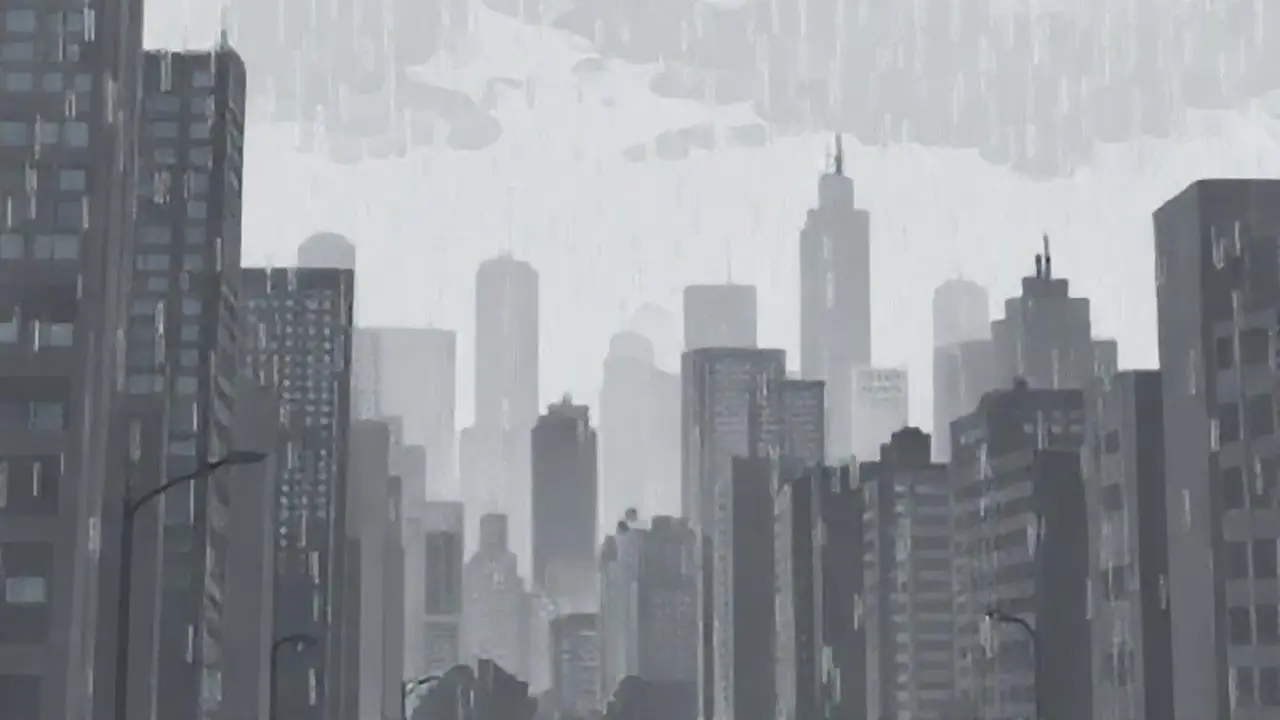 Ciudad gris, lluvia cae