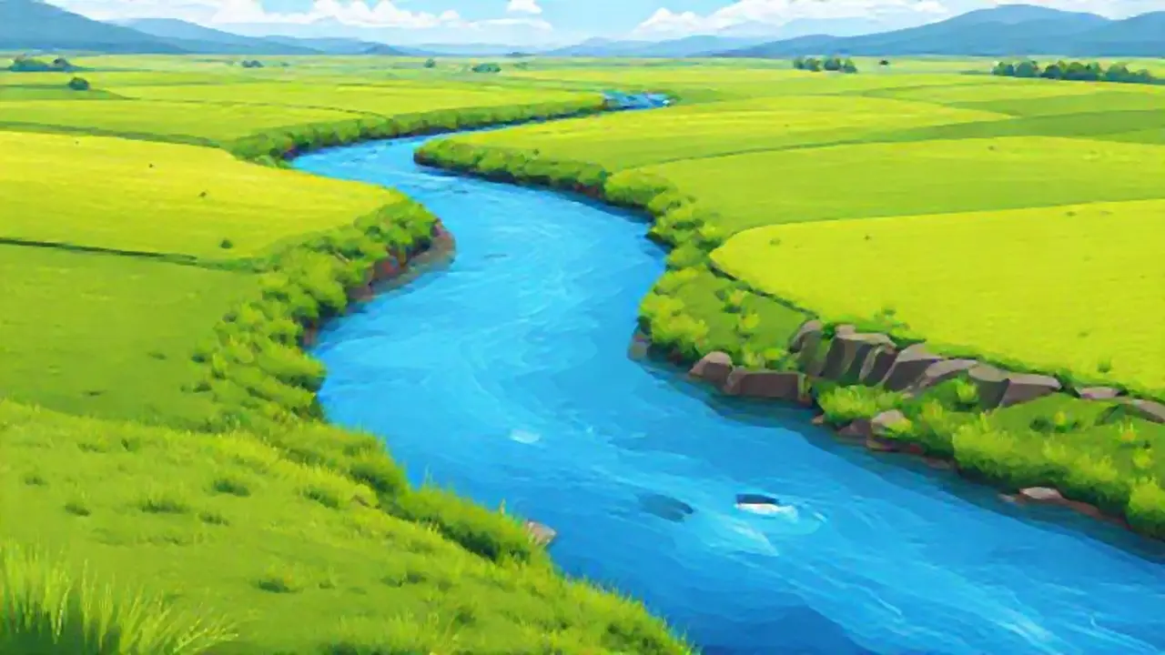 Río azul en campos verdes