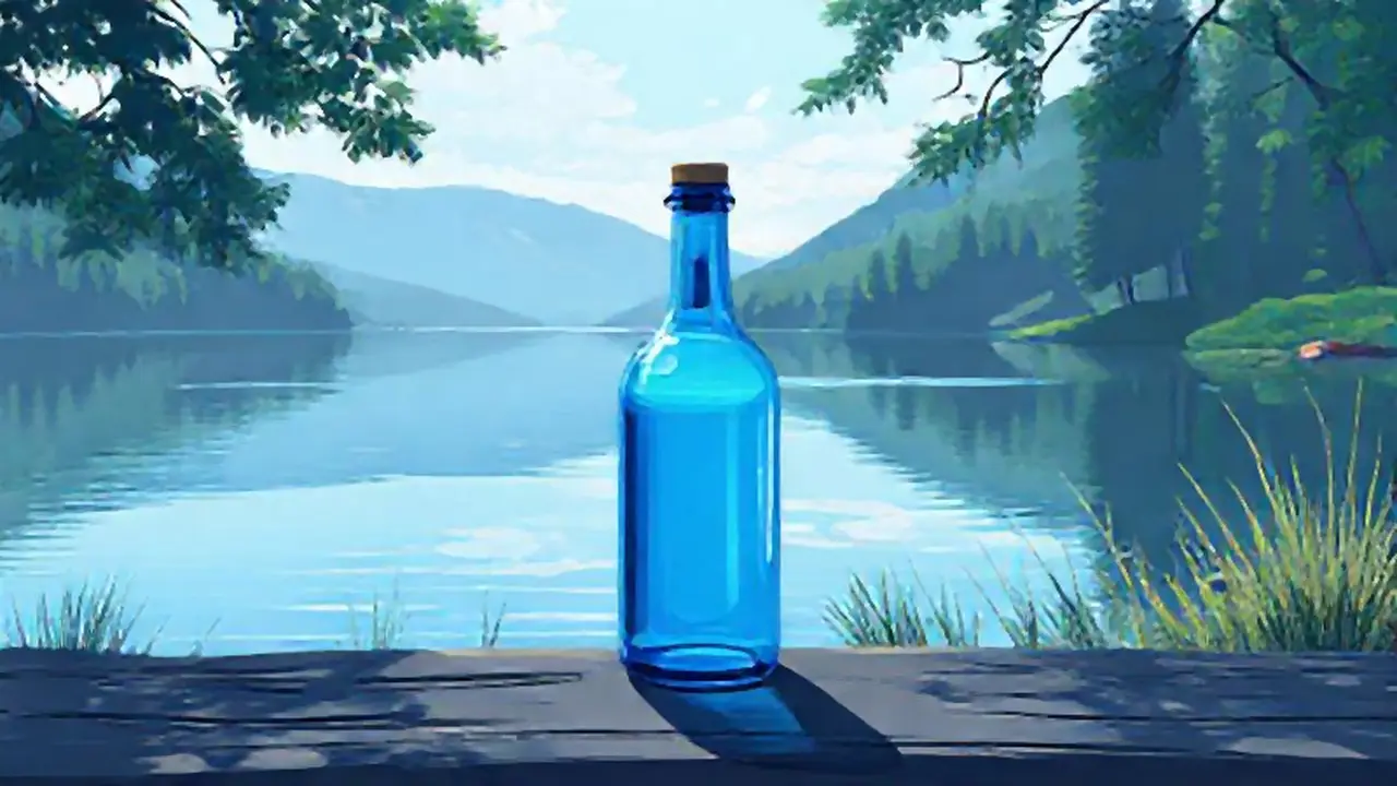 Una botella azul junto a un lago tranquilo