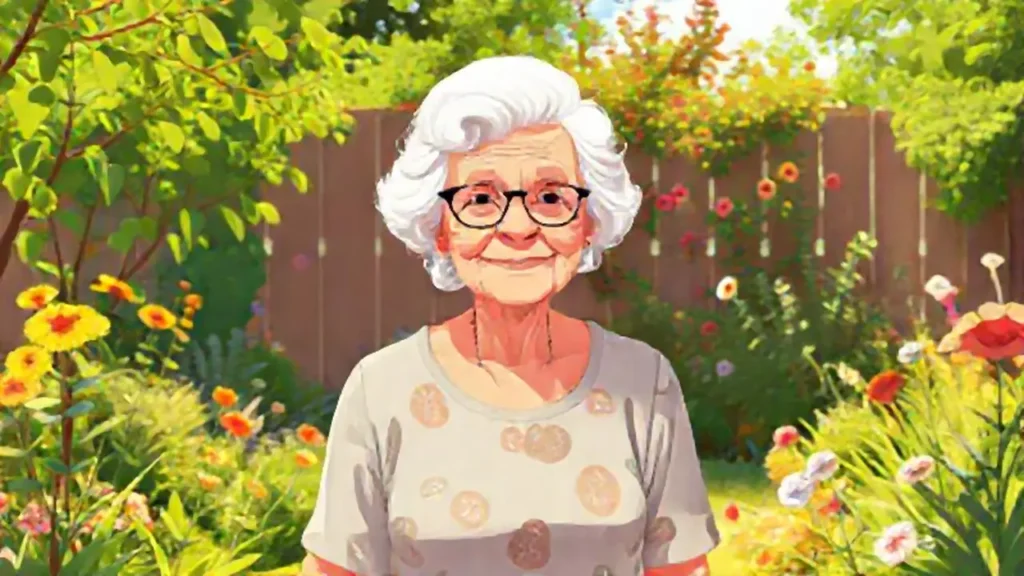 Una anciana en un jardín soleado