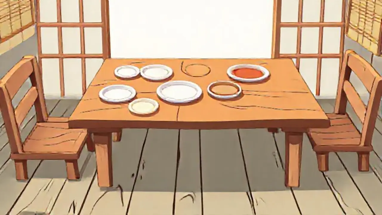 Mesa de madera con platos dispersos