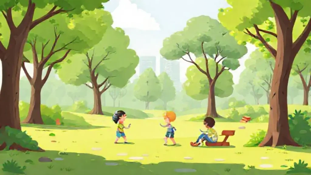 Parque verde con niños jugando