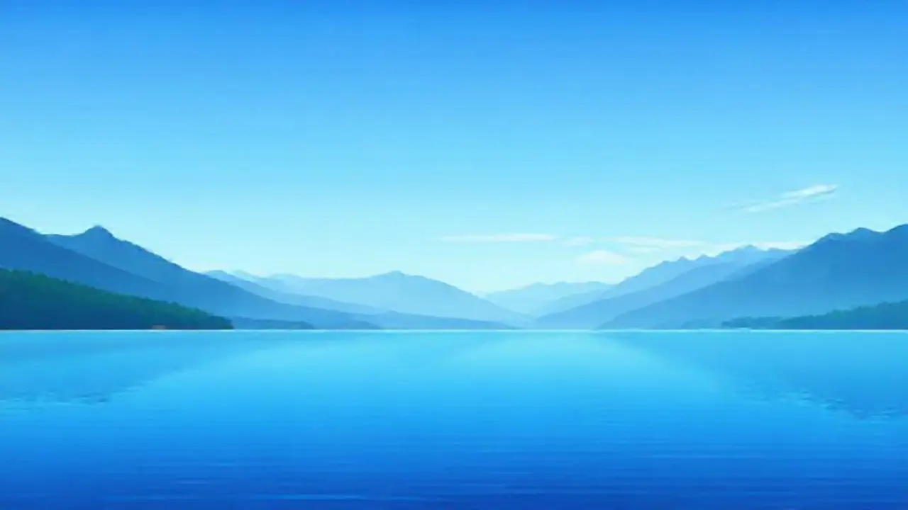 Lago azul tranquilo, montañas lejanas