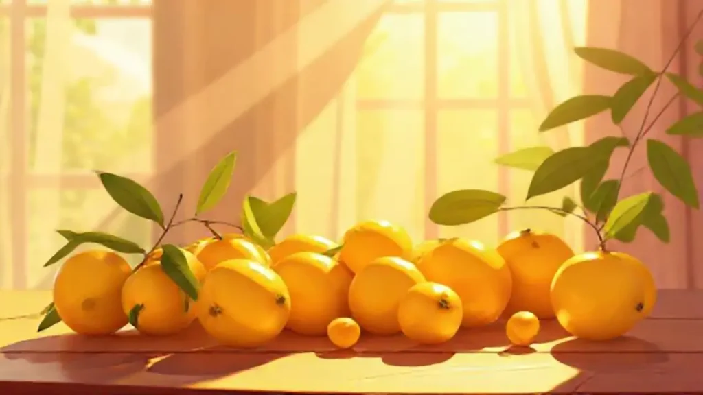 Frutas doradas sobre mesa brillante