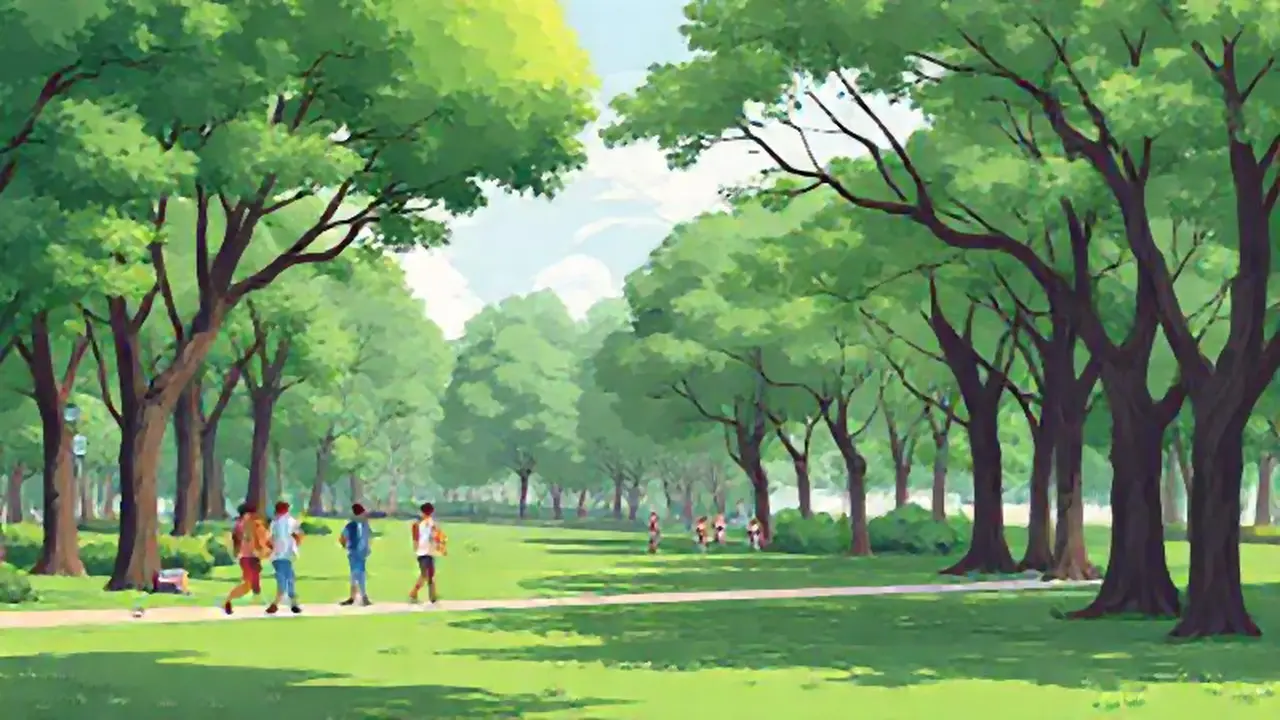 Parque verde, gente caminando