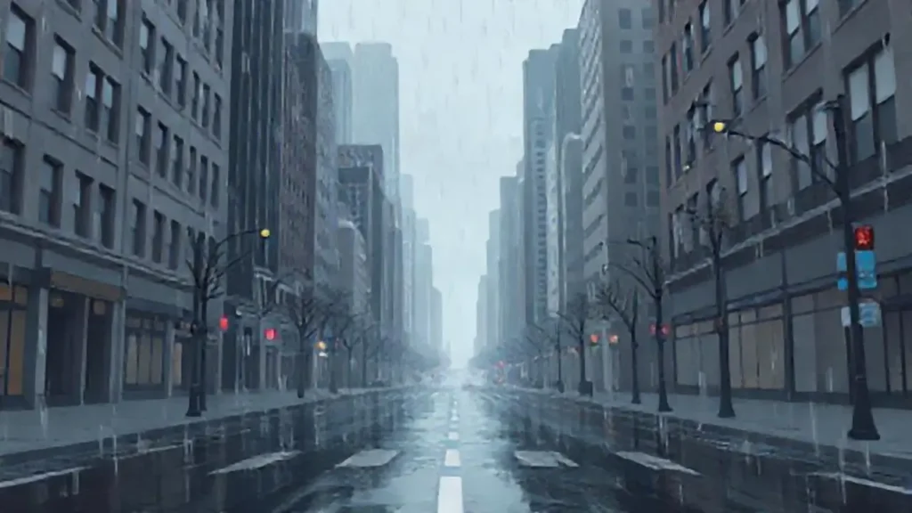 Lluvia gris sobre calles vacías