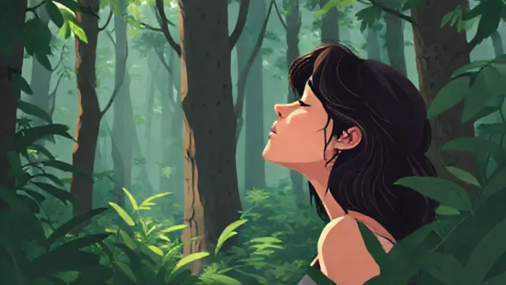 Mujer respira en el bosque