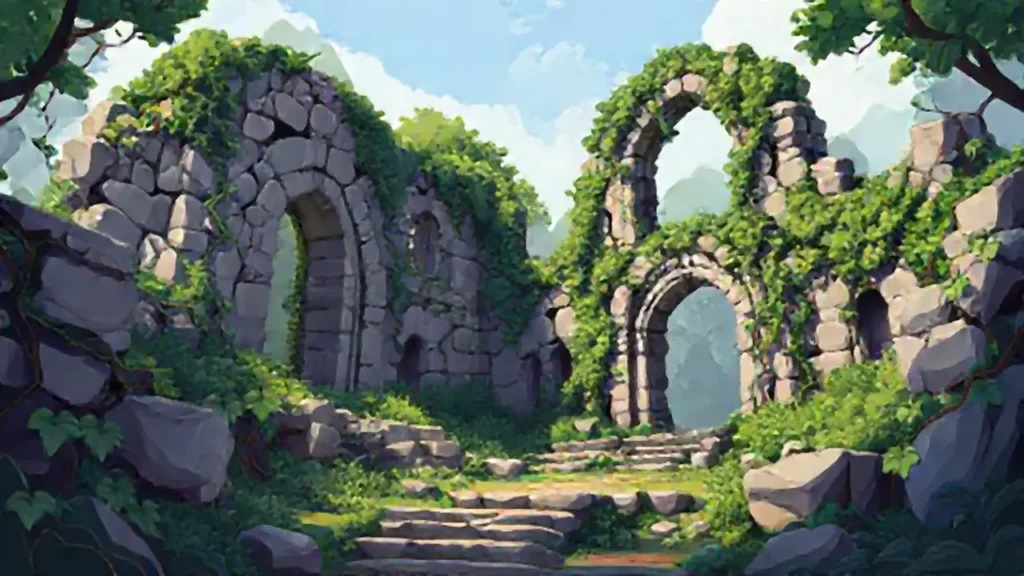 Ruinas de piedra antiguas cubiertas de enredaderas