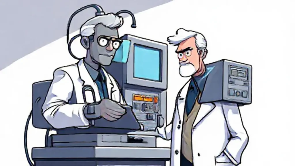 Médico gris junto a máquina compleja