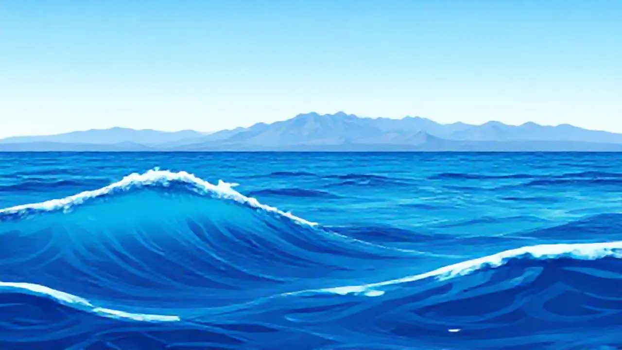 Olas azules, montañas lejanas