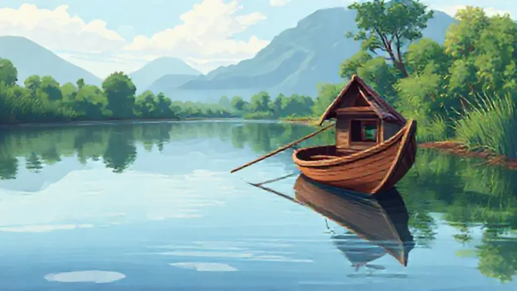 Barco de madera viejo en el río tranquilo