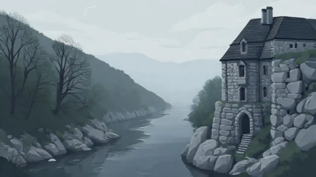 Un edificio gris domina un río oscuro